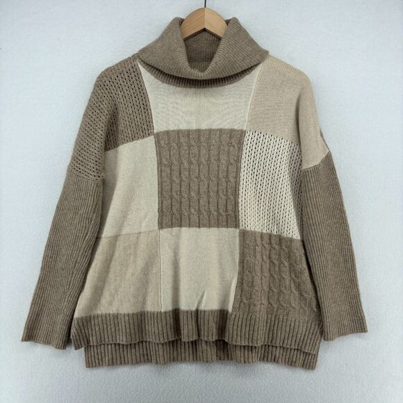 Saks Fifth Avenue Sweaters - SAKS FIFTH AVENUE Sweater Womens XS Cashmere Patchwork Poncho Pullover Beige